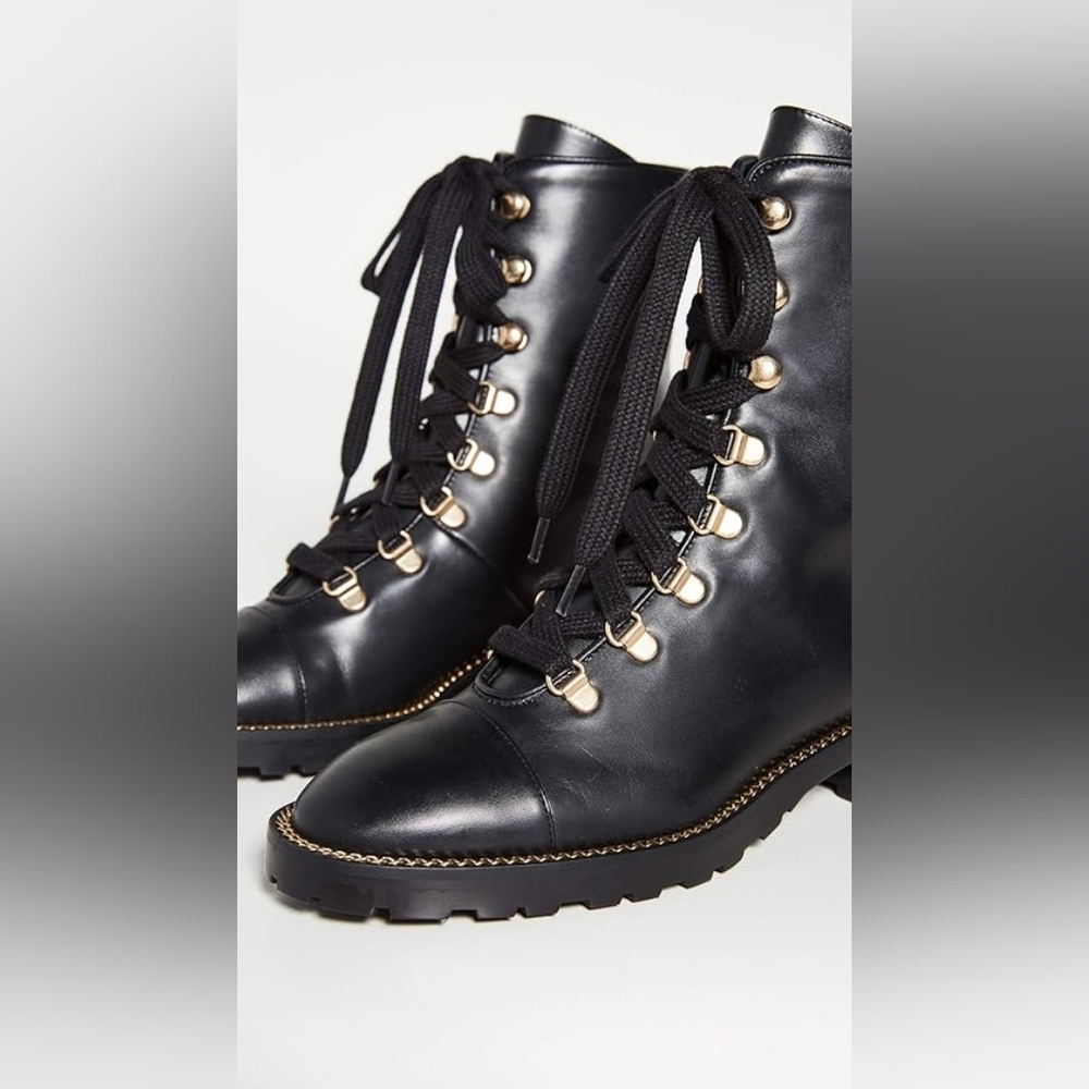 Stuart Weitzman Black Combat Boots with Gold Accents - Picture 4 of 4